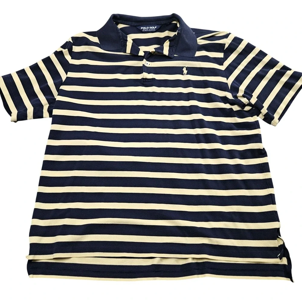 Polo‎ Golf Ralph Lauren Polo Shirt Mens XL Navy Yellow Striped Pima Country Club